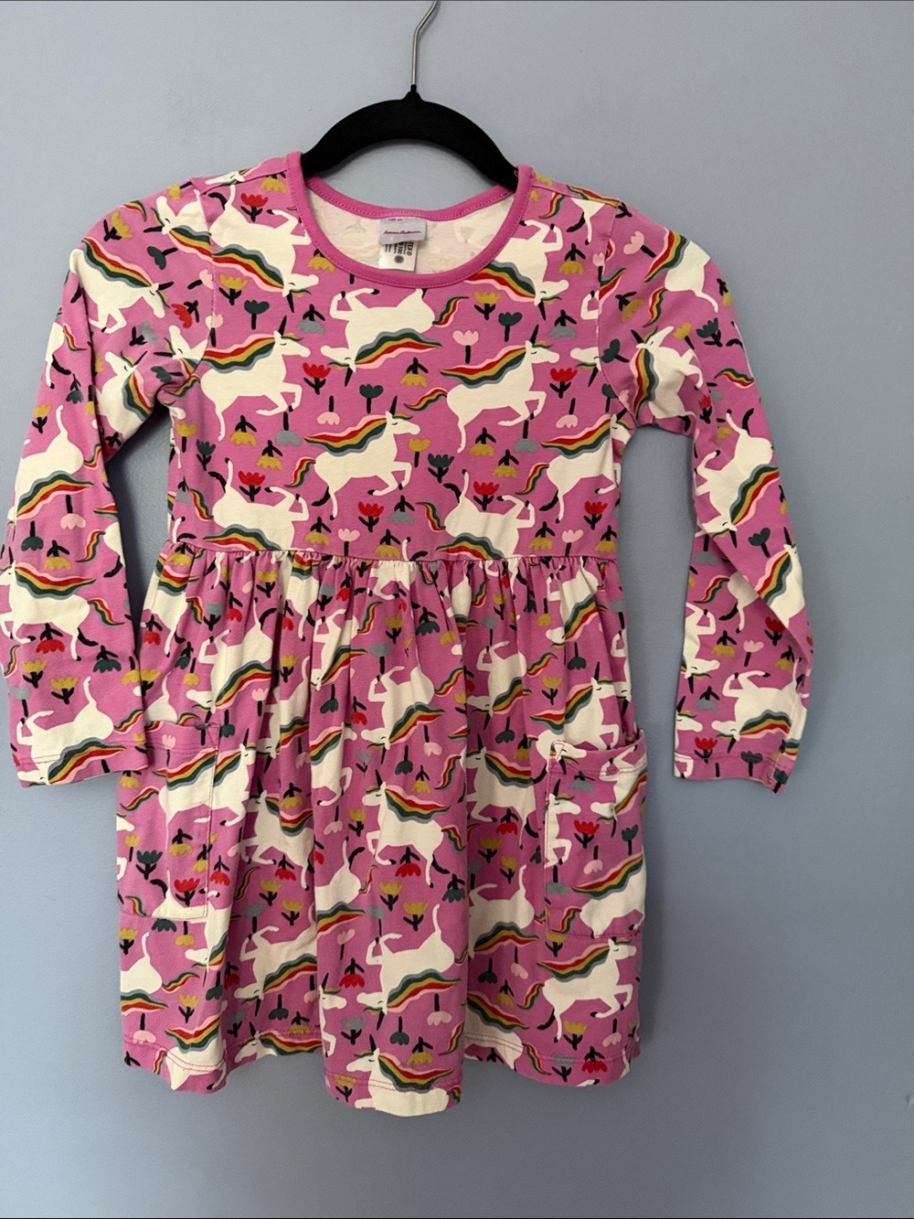 Hanna Andersson Unicorn Floral Knit Dress Pink Long Sleeve Pockets Size 120 6-7